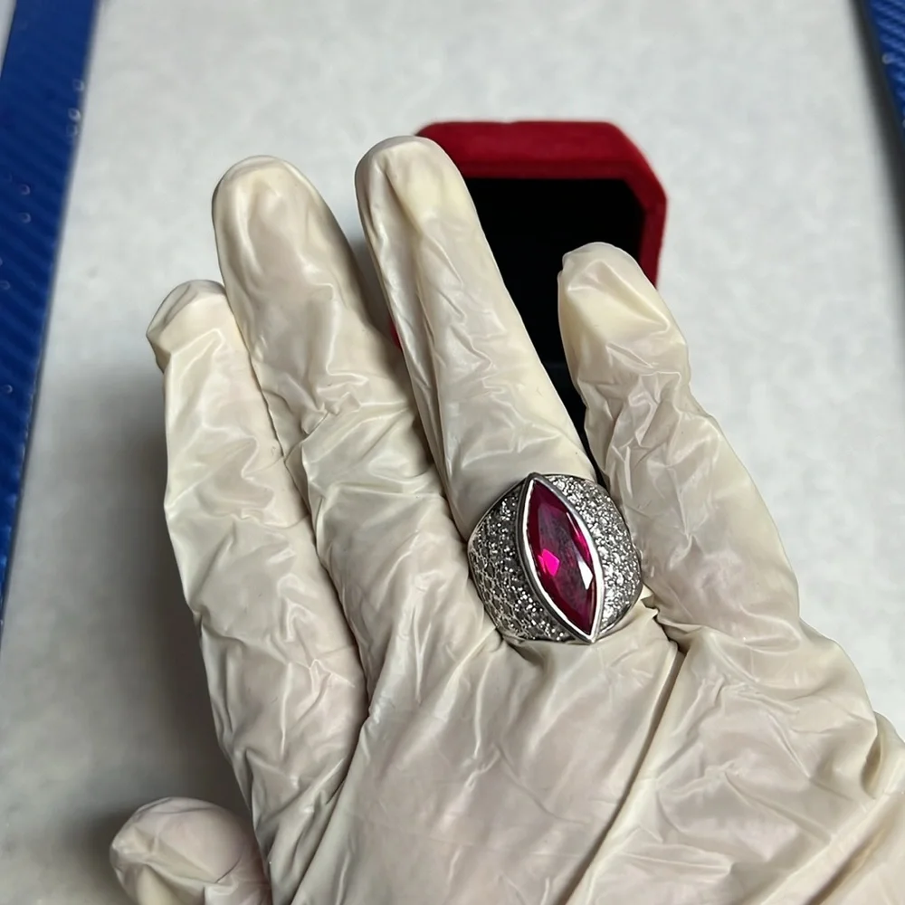 Silver Ring with Dark Pink Stone & Zirconia size 8